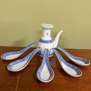 SET OF 5 WITH SOY SAUCE BLUE ASIAN CHINESE PORCELAIN SOUP SPOONS RICE GRAIN EYES